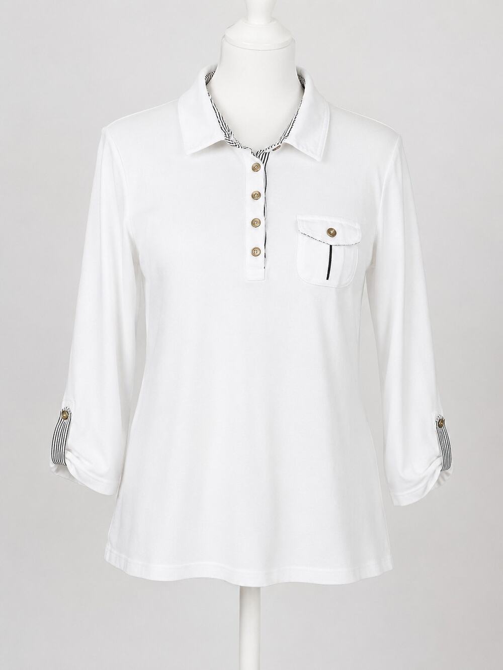Karen Scott Polo Blouse Womens Sz M White Black/White Striped Collar & Sleeve